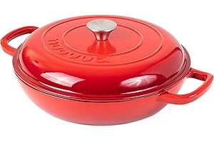 Cast Iron Dutch Oven with Lid – Non Stick Shallow Dutch Oven Pot, Oven Safe up to 500° F – Sturdy Cooking Pot – Enamelled Stockpot Cookware – Red, 3.7-Quart, 30cm – by Nuovva
