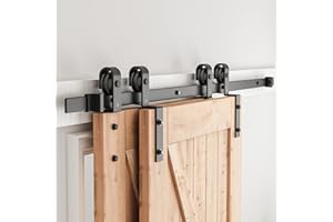 SMARTSTANDARD 5.5 Feet Bypass Sliding Barn Door Hardware Kit - for Double Wooden Doors-Single Track - Smoothly & Quietly - Easy to Install-Fit 54" Opening