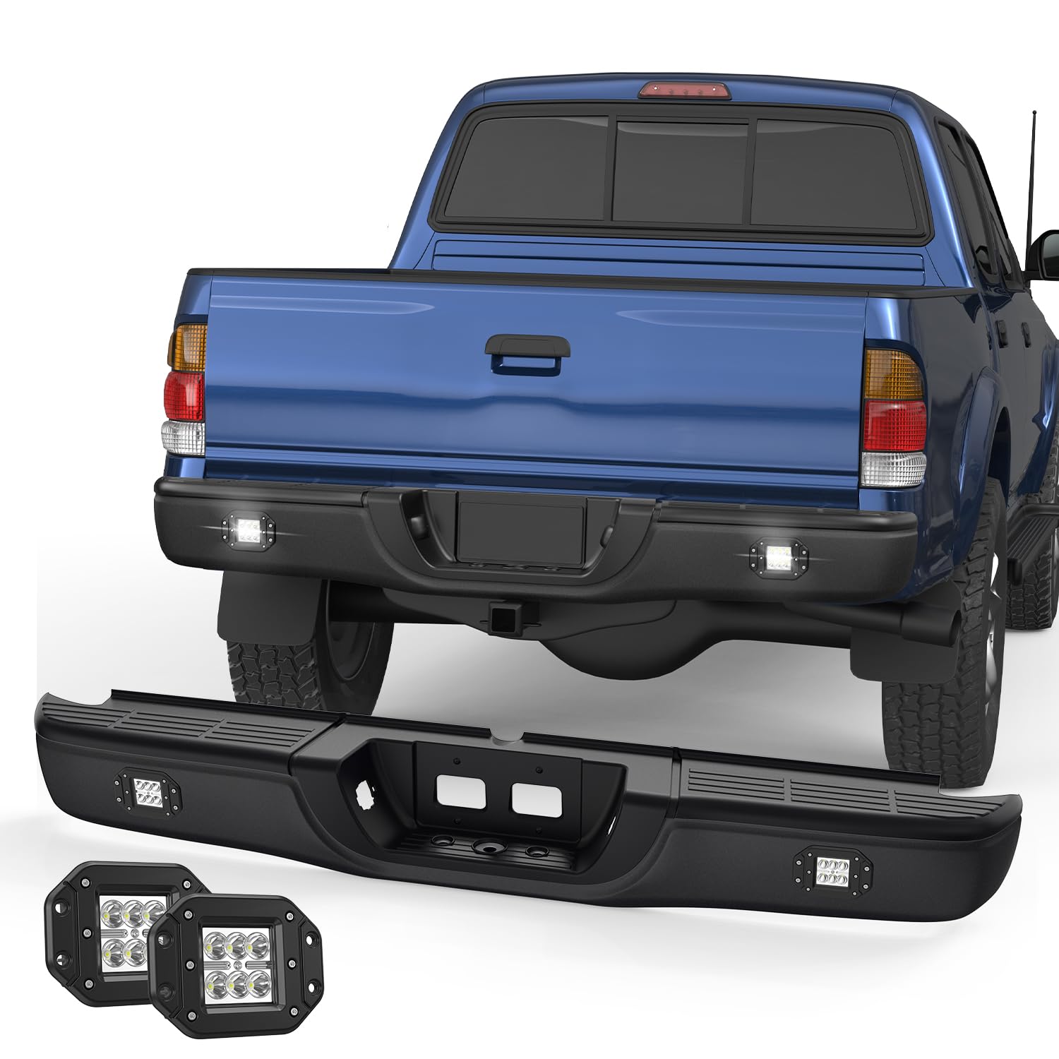 Photo 1 of KUIPERAUTO Black Rear Step Bumper Assembly Compatible for 2000-2006 Toyota Tundra Pickup with LED Square Light Steel Complete Back Bumpers