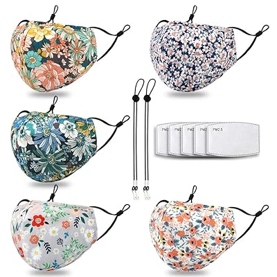HOMITY Reusable and Washable Face Madk for Women Build-in Nose Wire and Filter Pocket,With 5 Filters,2 Adjustable Lanyards,Breathable Dust Cloth Fabric with Floral,Daisy Print for Outdoor(5 Pack)