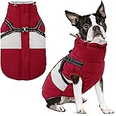 SUNFURA Small Dog Coat with Harness Built in, Warm Dog Jacket Winter with Zipper On Back, Waterproof Pet Snow Jacket Snowsuit Pet Sweater Clothes for Puppy, Burgundy XS