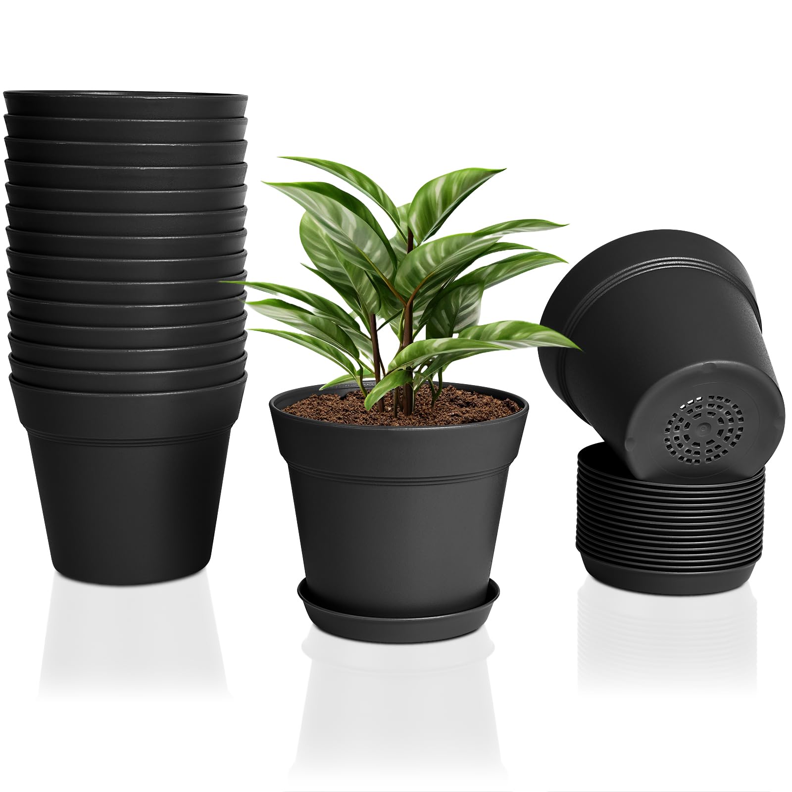 FORAGIFT 15cm Plant Pots, 16 Pack Plastic Herb Pot with Drainage Hole and Tray, Seed Seedling Pots Flower Nursery Pots for Vegetables, Flowers, Cactus, Cuttings, Succulent, Black