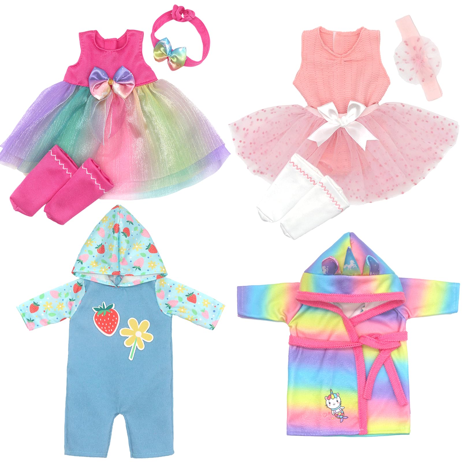 Doll Clothes Dress for 10-14 Inch 30-36cm Baby Dolls, 4-pack Soft Outfits with Socks Headband (Not Include Doll)