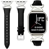 Leather Bands Women Compatible with Apple Watch 40mm 38mm 44mm 45mm 41mm 42mm 46mm 49mm Dressy Slim Strap With Designer X-Shaped Metal Crown for iWatch Series Ultra/SE/10/9/8/7/6/5/4/3/2/1 Black