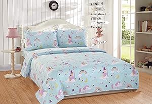 Elegant Homes Multicolor Aqua Blue Purple Castle Princess Unicorn Rainbow 4 Piece Printed Sheet Set with Pillowcases Flat Fitted Sheet for Girls/Kids/Teens # Unicorn Blue (Queen Size)