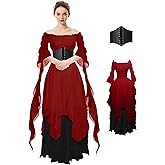 BITSEACOCO Women Renaissance Fairy Layered Dress Victorian Irish Costumes Halloween Cosplay Medieval Gothic Pirate Dresses