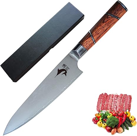 Amazon 漁川 牛刀包丁 肉切り包丁 刃渡り196 V金10号67層ダマスカス牛刀包丁 高級紅檀ハンドル 切れ味が長持ち 錆びにくくダマスカス包丁 菜切り包丁 オンライン通販