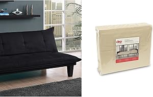 DHP Lodge Convertible Futon Couch Bed, Black and Futon Sheet Set, Beige