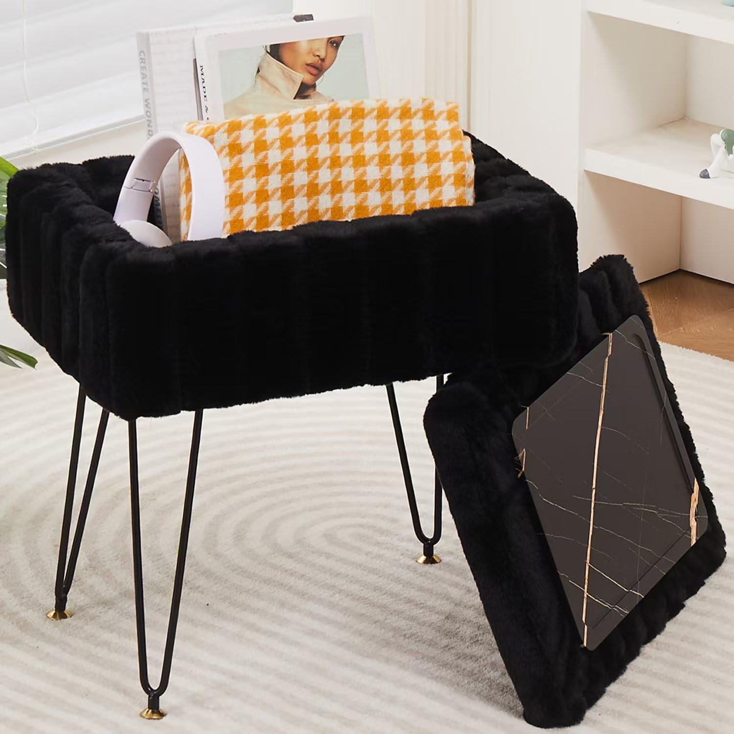 Photo 1 of Wimarsbon Storage Ottoman, Vanity Stools with Metal Legs, 16.5" x 11.8" x 18" Modern Faux Mink Fur Footstool, Makeup Chair with Anti-Slip Feet, Accent Table,Footrest,Storage Bench for Bedroom