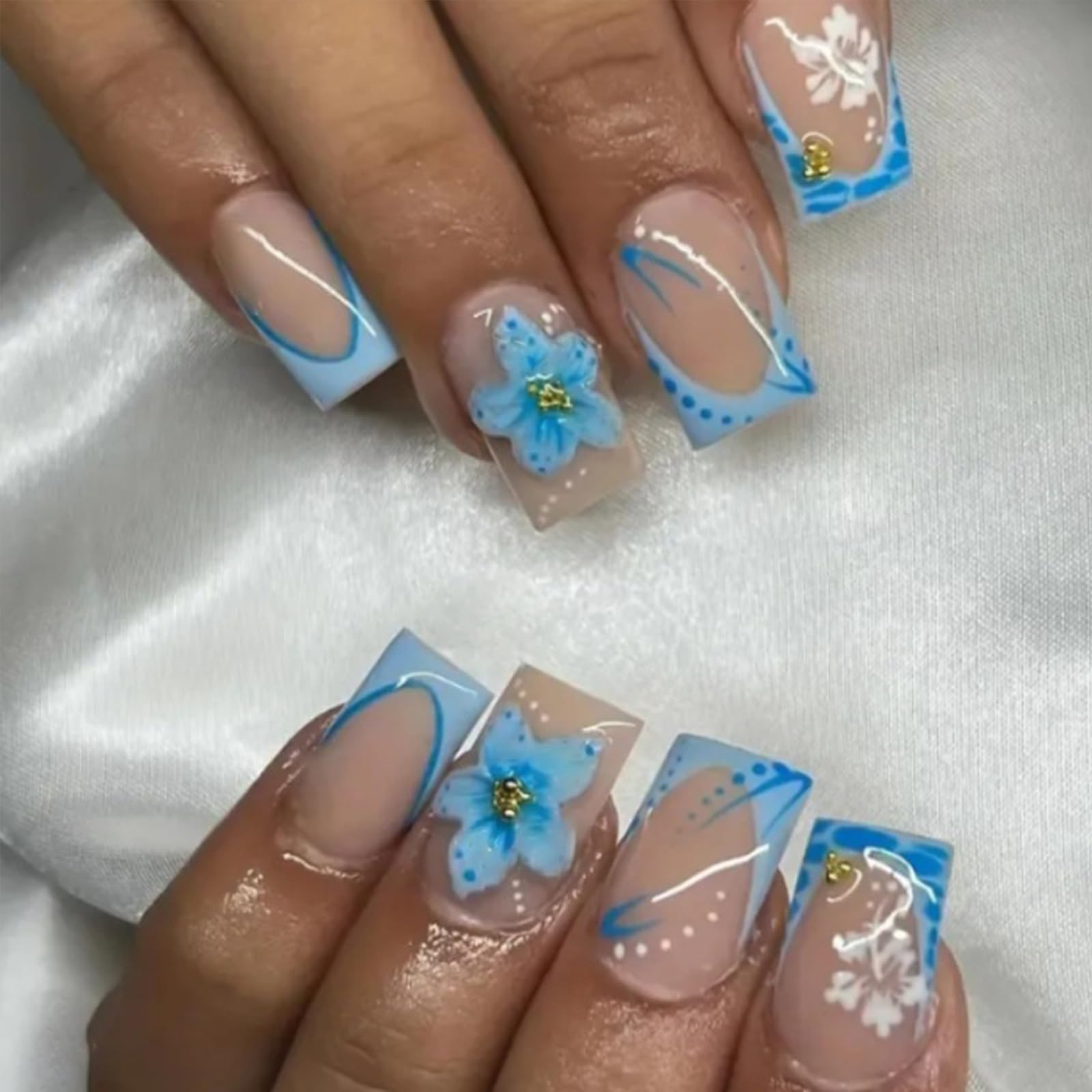 Photo 1 of 24Pcs Blue French Tip Press on Nails Short Square Fake Nails with Gold Rhinestones Flower Design Full Cover Artificial Nails Glue on Nails Summer False Nails Stick on Nails for Women Acrylic Nails