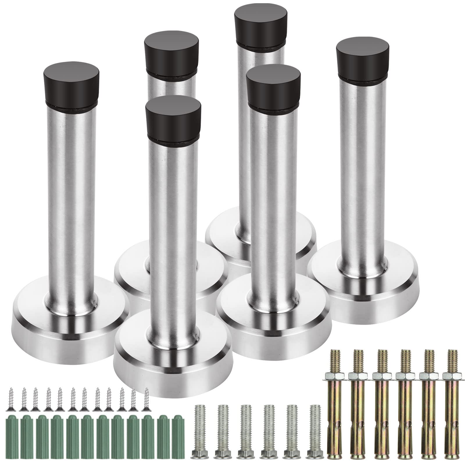 ASelected Door Stopper,6 Pack Door Stop, Stainless Steel Wall Protector, Door Stoppers for Skirtings with Rubber Bumper Tip, with Mounting Screws and Anchors Silver