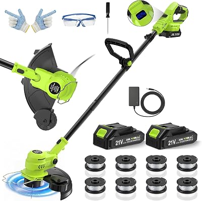 Akku Rasentrimmer 21V, 2-in-1 Rasentrimmer & Kantenschneider, LCD Akkuanzeige, 2×2000mAh Akku, Automatische Fadennachführung, 8 Fadenspulen, für Rasen, Rasenkanten & Gartenwege