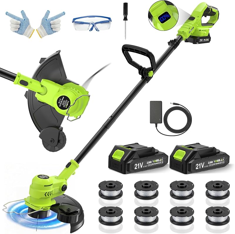 Akku Rasentrimmer 21V, 2-in-1 Rasentrimmer & Kantenschneider, LCD Akkuanzeige, 2×2000mAh Akku, Automatische Fadennachführung, 8 Fadenspulen, für Rasen, Rasenkanten & Gartenwege