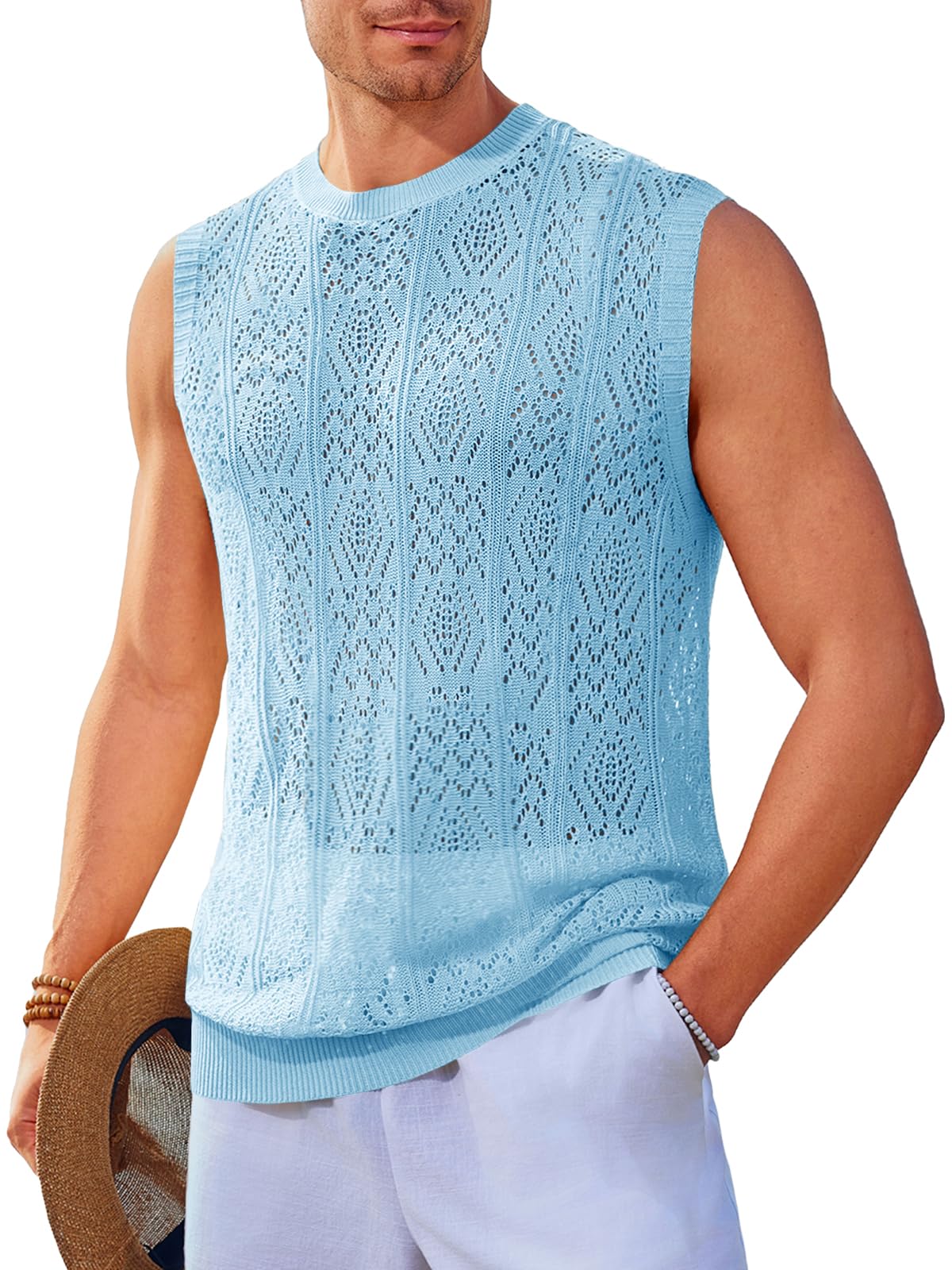 Photo 1 of Runcati Mens Sleeveless Crewneck Tank Top Casual Mesh Hollow Out Cotton Knit Summer Beach T Shirt Sky Blue