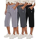 Neer 3 Pack Women's Capri Pants, Wide Leg Basic Sweatpants Lounge Loose Fit Casual Drawstring Yoga Capris with Pockets