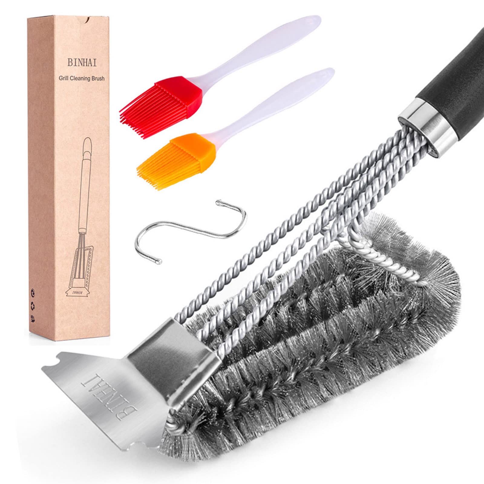 BINHAI BBQ Grill Spatula Cleaning Brush,1 Grills Cleaning Brush & 2 Oill Brush, Brush Heavy Duty 3-Branch Stainless Steel wire Barbecue Bristles Cleaner