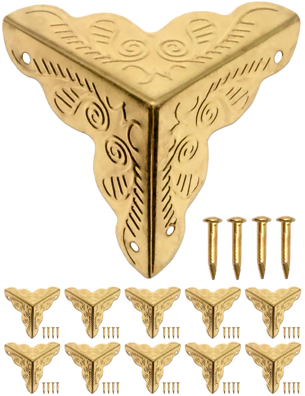 FUXXER - 10 x Antique Furniture Corner Protective Edges, Edge Protection, Fittings for Boxes, Furniture, Shelf, Table, Golden Gold Brass Look, Includes Nails, Set of 10