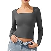AFITNE Long Sleeve Shirts for Women Square Neck Slim Fit Stretchy Casual T-Shirts Going Out Tops Basic Outfits
