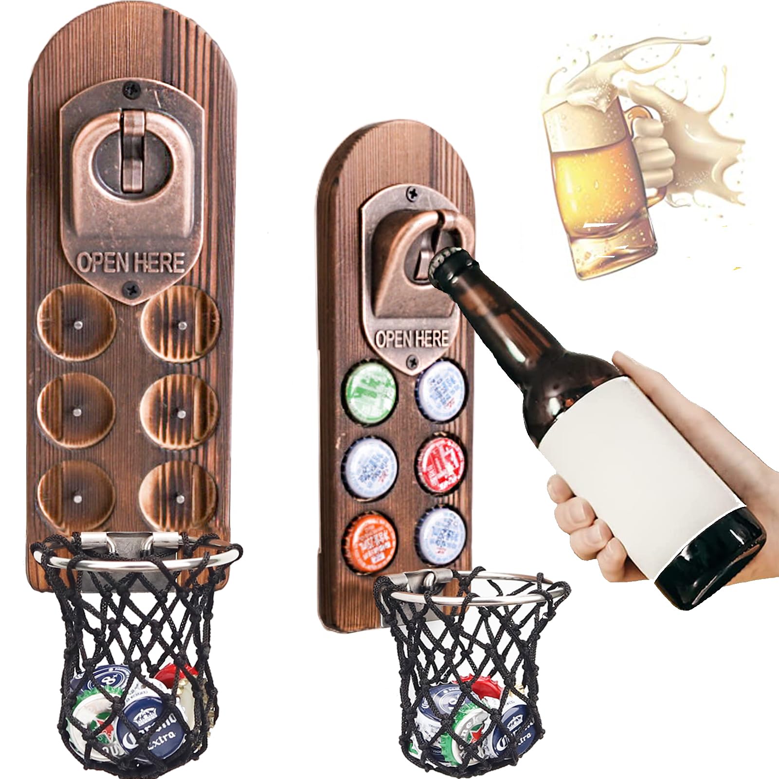 ZONSUSE Wooden Beer Bottle Openers with Magnetic Catcher, Personalised Traceless Bottle Opener Wall Mounted, Home Bar Accessories for Kitchen, Garden, Outdoor, Ideal Beer Gifts for Men (Style 5)