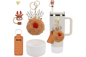 AMINTIRI Christmas Stanley Cup Accessories Set- Christmas Silicone Straw Cover, Silicone Stanley Cup Boot, Lipstick Holder, Christmas Charms for Stanley Cup 40oz & 30oz Tumbler. (Christmas Brown Elk)