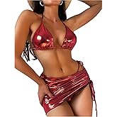 ZGMYC Women's 3 Piece Holographic Snakeskin Print Triangle Bikini Swimsuit with Sexy Cutout Cross String Cover Up Mini Skirt