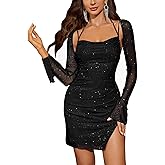 HTZMO Sexy Women's Halter Flounce Sleeves Ruched Mini Dress Sheer Mesh Side Split Cute Party Short Dresses