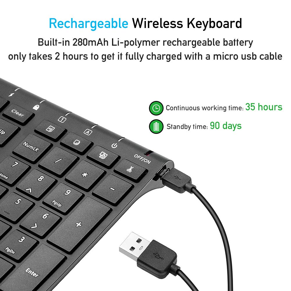 Keyboard Mouse, Sonkir K-18 2.4GHz Ultra Thin Rechargeable Aluminum Full Size Wireless Keyboard Mouse Combo for Windows, Laptop, PC, Notebook (Black)