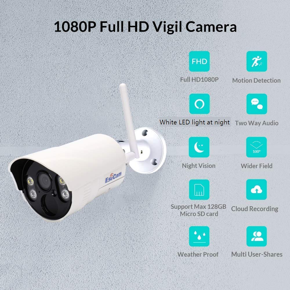 EsiCam 1080P Bullet Camera Wireless Security Outdoor Waterproof Wifi Vigil Cam with 2-Way Talk Colorful Night Vision (2 Light Source) Motion Detection Amazon Cloud Storage SD Card for IOS Android PC
