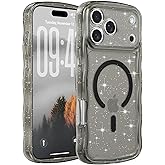FABSPARK Case for iPhone 17 Pro Max,Compatible with MagSafe,Magnetic Clear Curly Wavy Frame Wave Case with Sparkly Bling Glitter,Transparent Acrylic Hard PC for iPhone 17 Pro Max,Glitter Clear Black
