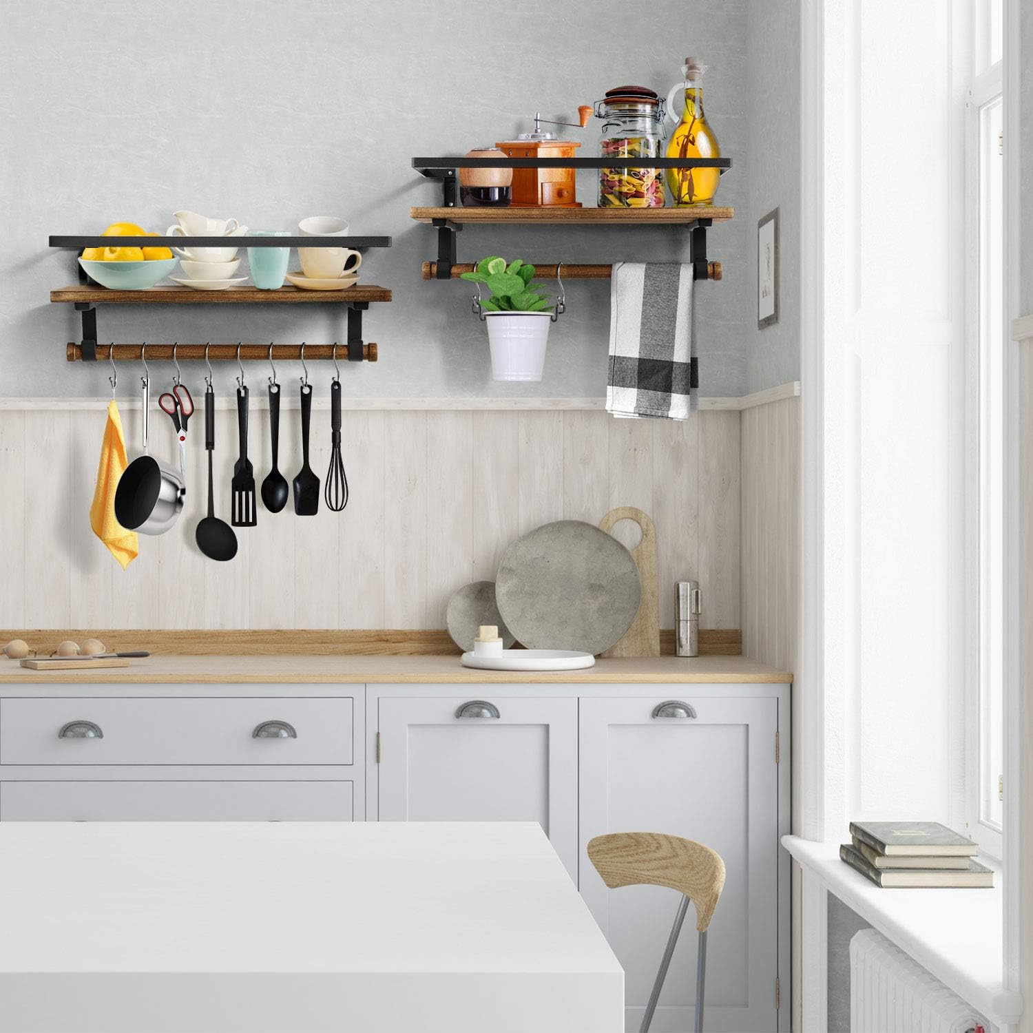 BAYKA Floating Shelf Wall Mounted, Rustic Wood Shelf for Bathroom Kitchen, Decor Storage Shelf with 8 Removable Hooks and Towel Bar: Kitchen & Dining