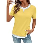 SHEWIN Womens Tops Casual Crewneck Color Block Short Sleeve Mock Double Layer T-Shirt Summer Outfits for Women 2026