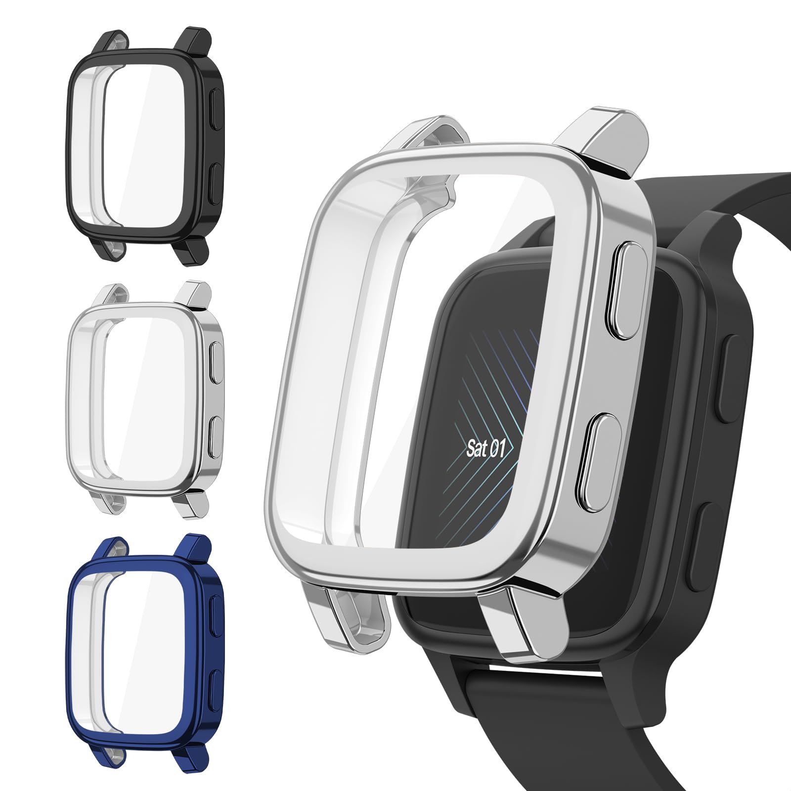 Amzpas Cases for Garmin Venu Sq/Venu Sq 2/ Venu Sq music/Venu Sq 2 music Screen Protector, All-Around Cover Anti-Scratch Bumper (Black+Silver+Deep blue)