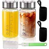 WRINGKIT 2 Pack Glass Bottles with Lids, 12 Oz Wide Mouth Shaker Bottle with Sleeve, Leakproof Glass Mixing Sports Drinking Bottles for Protein Mixs, Juice, Vitamin