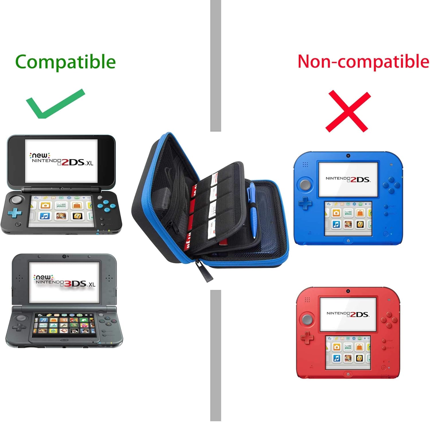 Brendo Carrying Case for New Nintendo 2DS XL, 3DS XL, 3DS Case, Fits Wall Charger, 24 Game Cartridge Holders and Large Stylus - BLACK/BLUE: Electronics