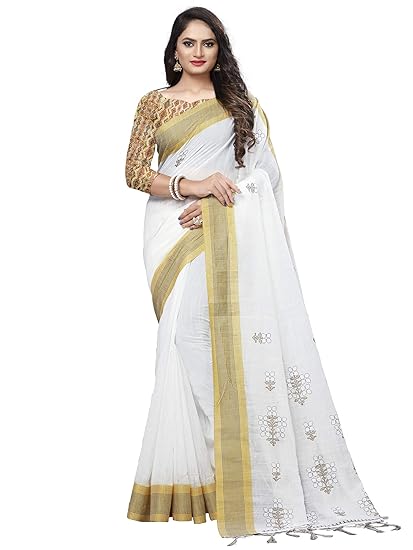 Women's Cotton Silk Saree with Unstitched Blouse Piece (Free size_White_GLPT02)