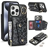 Lipvina for iPhone 13 Pro Max/iPhone 12 Pro Max Case Wallet with Card Holder - Zipper Pocket,Card Slots,RFID Blocking,Stand Ring,PU Leather Double Snap Cover for Women(Black Leopard,6.7 Inch)