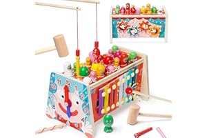 EAPURA 7 in 1 Wooden Hammering Pounding Toys,Montessori Baby Toys with Xylophone,Fishing Game,Whack a Mole Game,Clock and Gears,Educational Toddlers Toys Birthday Gifts for 1 2 3 4 Year Old Boys Girls