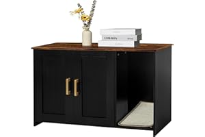 DWANTON Litter Box Enclosure, Cat Litter Box Furniture Hidden, with Scratching Mat, Wooden Cat Washroom Indoor, 31.5" L x 19.7" W x 21.7" H, Black and Rustic Brown