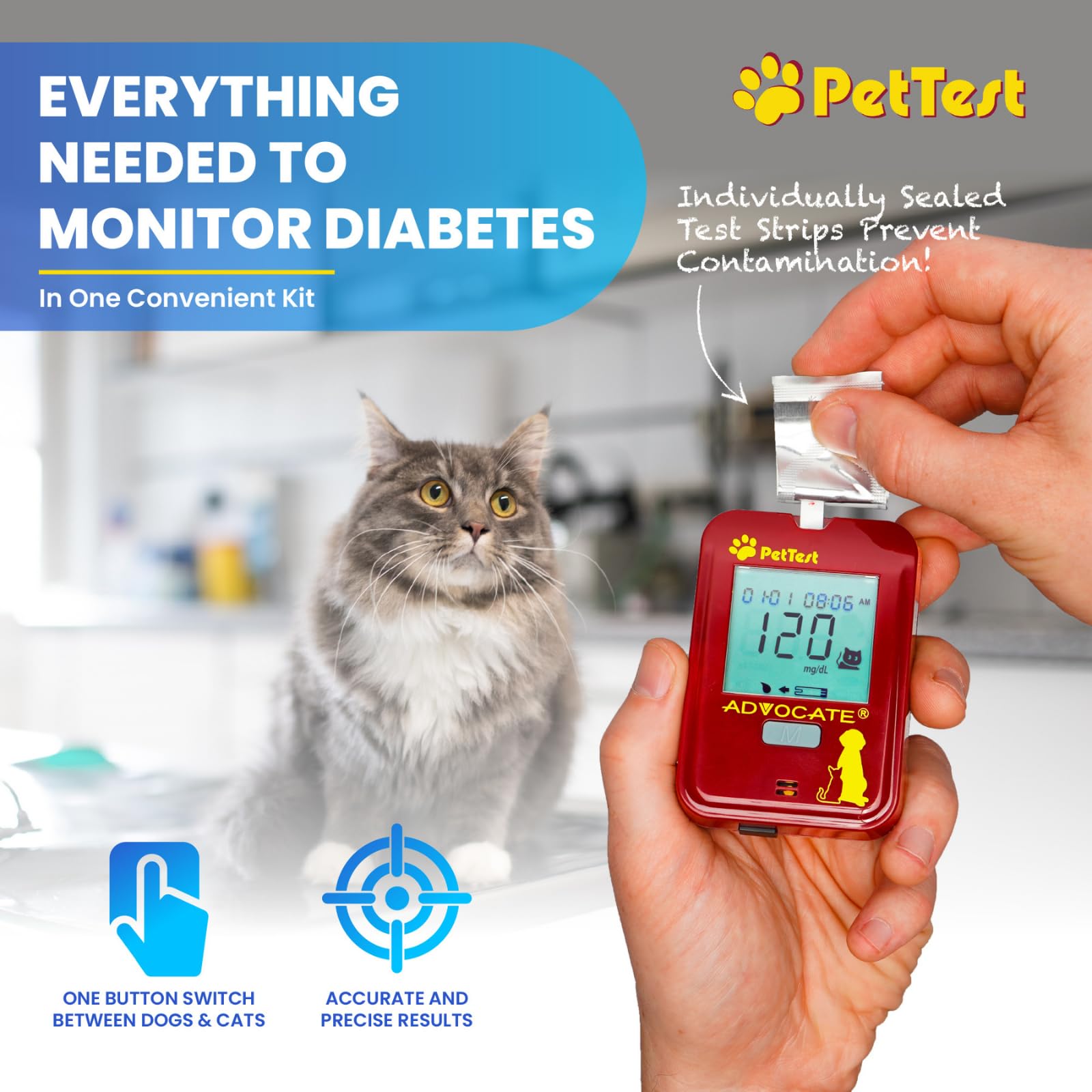 PetTest Expert Glucose Monitoring Kit for Dogs & Cats, Diabetic Pet Blood Sugar Check Gear, Includes Classic Meter, 25 Test Strips, Lancing Device, 25 Lancets, Soft Carrying Case, and More