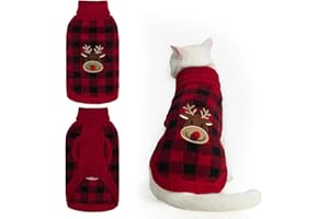 Mihachi Cat Sweater, Christmas Winter Warm Cat Sweater Turtleneck Puppy Pets Sweater Knit Vest for Cats Puppy Small Animals, Soft Lightweight Fashion Christmas Reindeer & Plaid Pattern, Red L