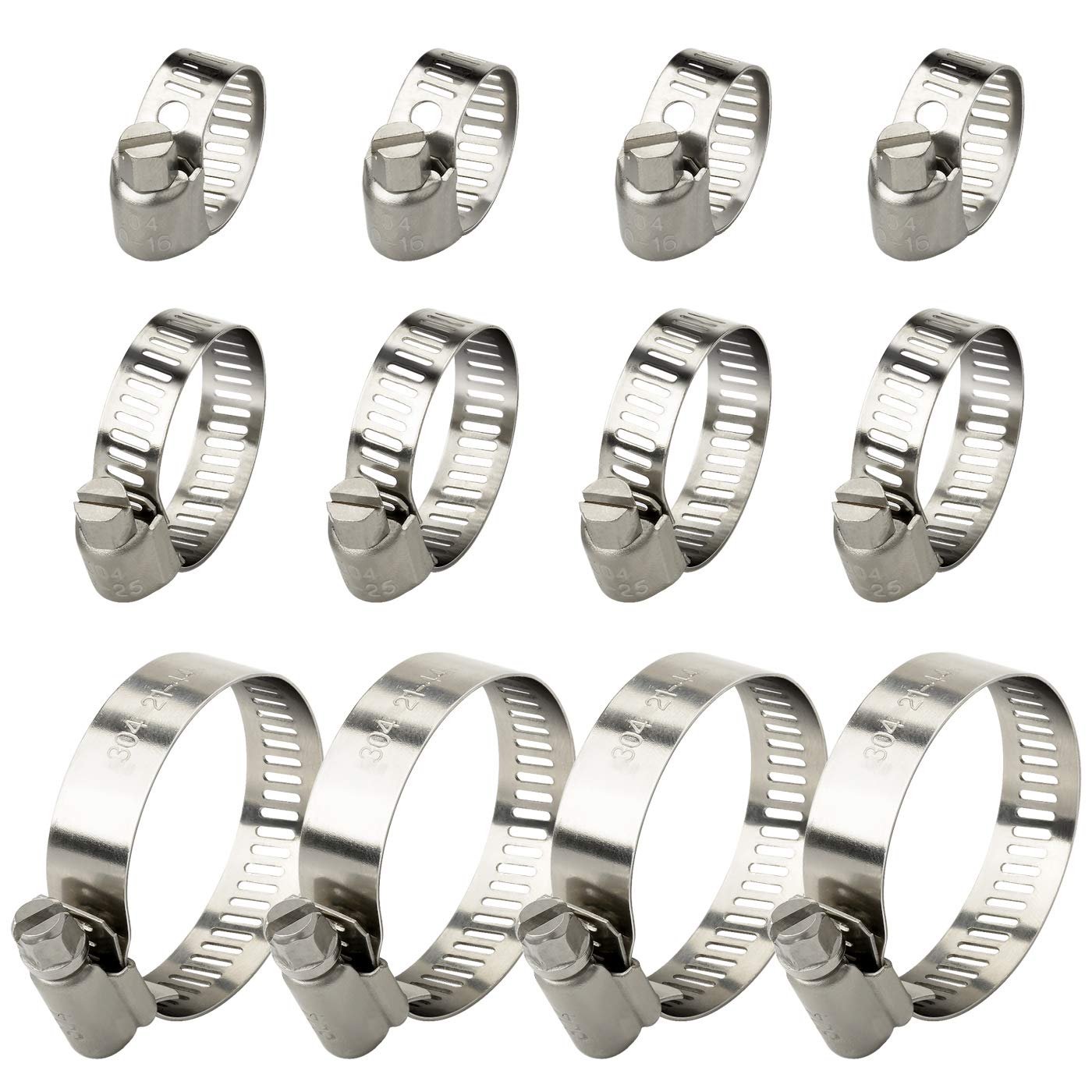 Hose Clips Jubilee Clips Adjustable Stainless Steel Hose Clamps Worm Drive Pipes Hose Clamps Clips,12 Pack (10-16 mm，16-25mm，21-44mm)