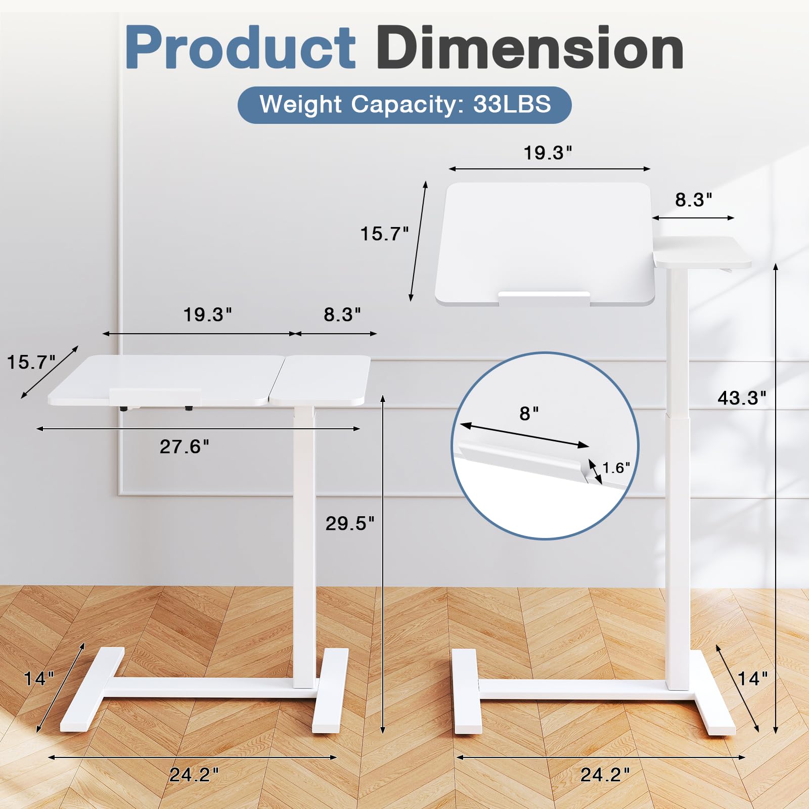 DUMOS Overbed Bedside Table Adjustable with Wheels, Mobile Standing Stand Up Rolling Laptop PC Desks with Tilting Top Height Tray Side Computer Workstation for Bedroom on Hospital Home Use, White