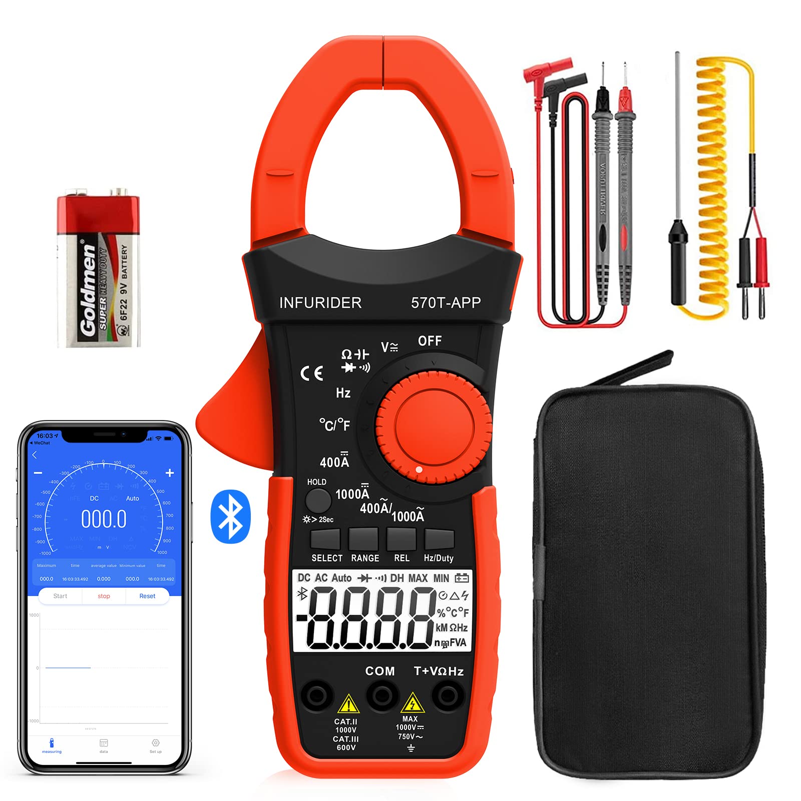 INFURIDER Wireless Clamp Meter,1000A AC/DC Current Amp Clamp,TRMS 4000 Counts Auto Range Clamp on Ammeter,Bluetooth Clamps Multimeter Measures Voltage,Capacitance,Ohm,Hz and Temperature