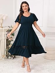 HICISI Plus Size Summer Dress V Neck Smocked High