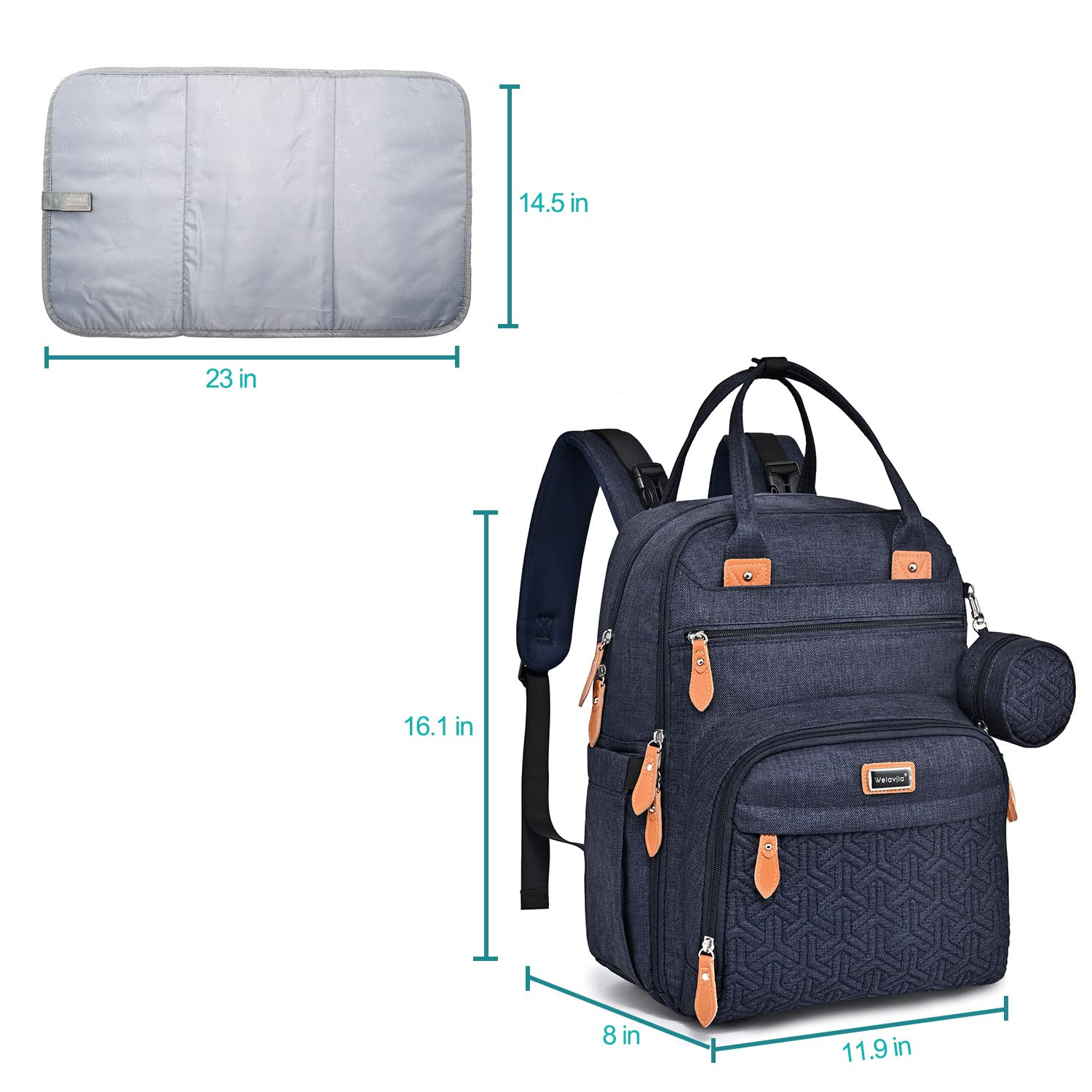Diaper Bag Backpack, Unisex Baby Bags with Changing pad, Insulated Pockets & Pacifier Holder for Boys Girls, WELAVILA Large Multifunction Travel Back Pack for Mom & Dad, Navy Blue