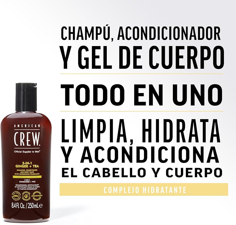 3 en 1 Ginger + Tea, Champú Acondicionador y Gel de Ducha, Limpia e Hidrata el Cabello y el Cuerpo, Mantiene y Repone la Barrera de Hidratación, Aroma Revitalizante y Energizante