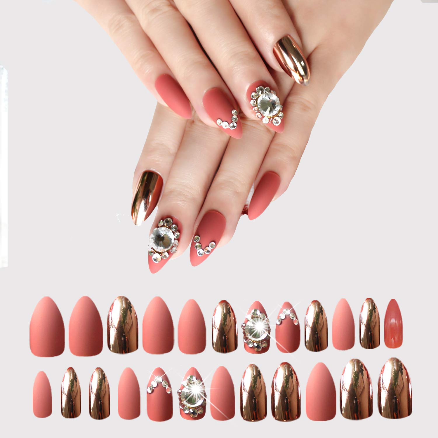Press On Nails For Women 24 Pcs Stiletto False Nails 3D Diamond Fake Nail Tip with Metal False Nails