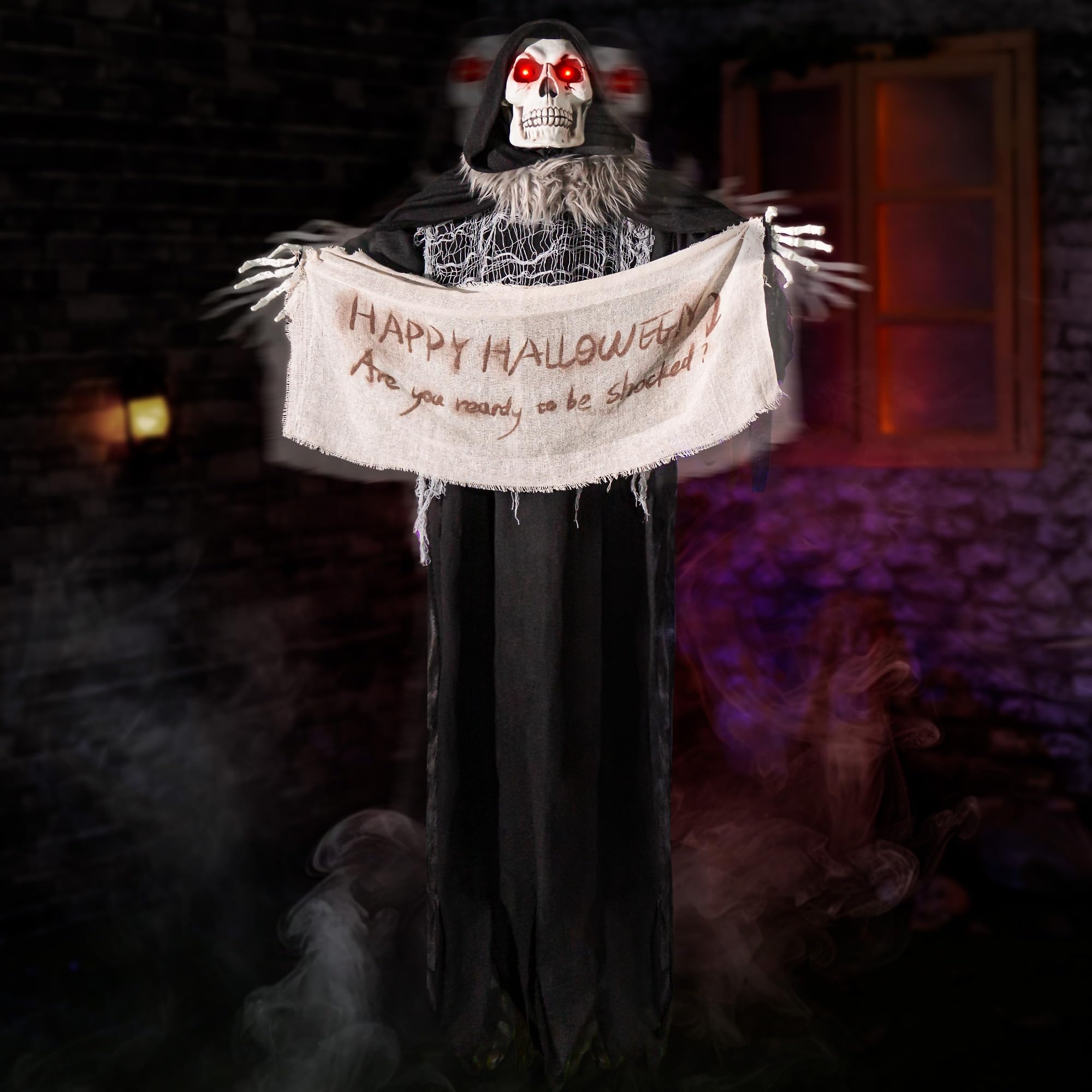 Photo 1 of Halloween Animatronics 5ft Hanging Grim Reaper, 60inch Animated Skeleton Decorations with Sound Activated, Creepy Voice, Spooky Skull Head, Light Up Eyes, Scary Move, Horror Prop for Indoor, Outdoor