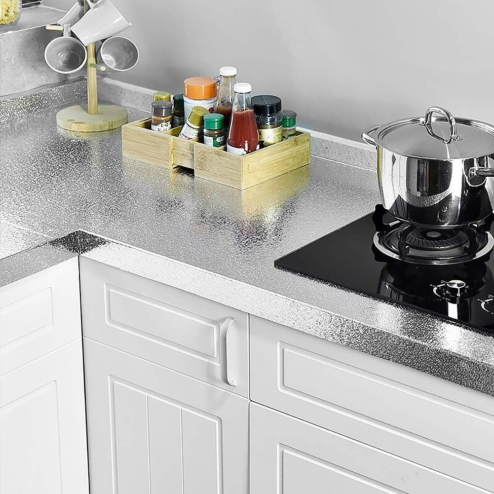 VEELIKE Sticky Back Plastic Roll Aluminum Foil Effect Wallpaper Kitchen Worktop Covering 40cm x 300cm Peel and Stick Vinyl Film Washable Silver Contact Paper for Stove Pot Shelf - Image 3