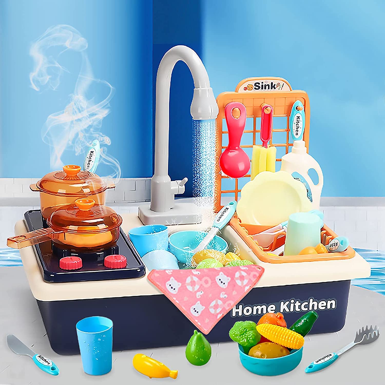Kitchen Sink Toys Pretend Kitchen Toys for Kids with Play Cooking Stove Utensils Tableware Accessories for Toddlers Kids Kitchen Play Set with Running Water Gift for Girls and Boys